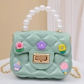 Mint green silicone kids crossbody bag with pearl handle and cartoon floral patches - With Random Patches / Green