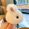 Cute white plush bunny keychain with fluffy fur, black bead eyes and pink inner ears - White Round Style