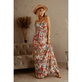 Bohemian V-neck sleeveless maxi dress with red and blue floral print patterns - S / Red + Blue