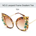 Cat eye leopard print sunglasses with green gemstones and gradient tea lenses - Leopard Brown Gradient
