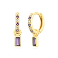 Luxurious gold C-shaped hoop earrings with purple and white stones and rectangular pendant - Gold Purple Zirconia Rectangle Pendant