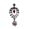 Macro detail of gothic black spider web belly ring with red teardrop zircon stones - Black Spider Web Red Gem Belly Ring (2311110034)