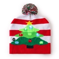 LED Christmas knit hat with red and white stripes and glowing green Xmas tree pattern - Christmas Tree Short Hat