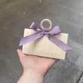Champagne triangular wedding favor box with wooden ring handle and purple ribbon - Beige Box+Purple Ribbon / Small Size (do Not Use Wooden Rings)