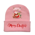 Detail of pink knitted Christmas hat with cartoon Santa Claus and reindeer patterns - Pink - Style B