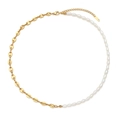Collar asimétrico con eslabones de grano de café dorados y perlas blancas, sello K18 - Collar de Empalme de Perlas Asimétrico