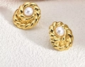 French vintage style gold spiral textured earrings with white pearl inlay - ED15-Spiral Texture Round