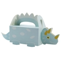 Light blue triceratops paper candy box with white polka dots and handle for kids parties - Blue