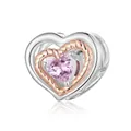 925 sterling silver heart charm with pink crystal and rose gold rope details - Pink Heart Gemstone Bead