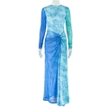 Detail of blue gradient print dress featuring ruched waist and side slit design - S / Blue Multicolor