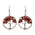 Detail showing the wire-wrapped tree of life design on handmade bronze earrings with red stones - Antique Copper + Red Jasper