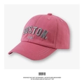 Close-up of pink cotton baseball cap featuring 3D grey BOSTON 1630 embroidery details - Pink