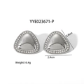 Close-up of silver triangle stud earrings featuring pavé crystals and size markers - Silver Triangle Stud Earrings (YYE023671-P)
