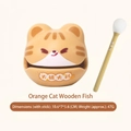Orange cat-shaped fish drum with white mallet and blessing text for stress relief - Orange Cat Wooden Fish (3043)