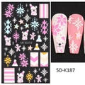 5D embossed Christmas nail art stickers featuring pink bears and white snowflakes (5D-K187) - 5D-K187