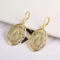 Gold plated oval earrings with religious Virgin Mary relief and crystal inlay - Stud Earrings-1