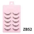 Detail of 5 pairs of natural criss-cross false eyelashes on a pink display tray - ZB52 Fishing Line Stem - 5 Pairs