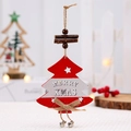 Red and white wooden Christmas tree pendant with rustic jute rope and festive small bells - Christmas Tree