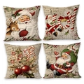 Set of 4 vintage Christmas throw pillow covers with Santa and reindeer illustrations - Christmas Gingerbread Man / 4-Piece Set / Multicolor / Vintage Beige Base