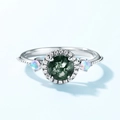 S925 silver ring with moss agate and opal stones featuring a twisted rope band design - US6 / Natural Moss Agate