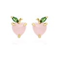 Pink heart-shaped peach stud earrings with green leaf gems and golden metal finish - Peach