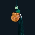Traditional lucky bag sandalwood pendant with green beads and dark green silk tassel - Money Bag Style (1) / Approx. 2.1*2.1cm / Without Scent Beads