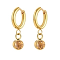 Golden stainless steel hoop earrings featuring amber zircon round drop pendants - Yellow Zirconia
