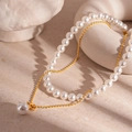 Elegante collar de doble capa de perlas vintage con cadena dorada y colgante - Juego de 2 Piezas Collar de Perlas de 8mm
