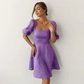 Detail of puff sleeves and square neckline on a purple high-waisted mini dress - S / Light Purple
