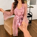Elegante set da notte in raso rosa antico e pizzo con vestaglia e sottoveste donna - S / Rosa