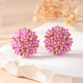 Detailed close-up of purple hydrangea flower stud earrings with rhinestones and gold base - Purple Faux Gold (Large Ball)