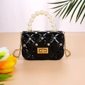 Quilted black jelly handbag with pearl handle and rhinestone diamond patterns - Black