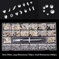 Silver glass nail art rhinestones set with 21-compartment box and picking pen tool - Clear White (700 Big, 3480 Small)