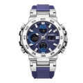 Men's silver sport watch with blue rubber strap and dual digital-analog display - Silver & Blue