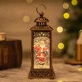 Antike Weihnachts-Laterne in Bronze-Optik mit Weihnachtsmann und Schneeglitzern - Vintage Weihnachtsmann mit Geschenkbox