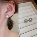 Elegant large dark grey pearl stud earrings with metallic luster on beige velvet background - Grey 10mm Silver Pin (23#)