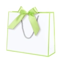White paper gift bag with light green ribbon bow and silver rope handles - Apple Green Frame; Horizontal Extra Small Size 19*15*7 Ribbon Style