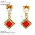 Detail view of square gold stud earrings with red zircon and technical specifications - Red (SE863G-3)