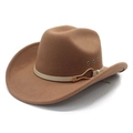 Close-up of the beige leather belt and golden horseshoe buckle on the brown felt cowboy hat - M(56-58cm) / Khaki
