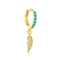 Golden huggie hoop earring with blue turquoise stones and detailed feather pendant charm - Leaf / Gold