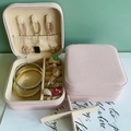 Pink portable PU leather jewelry box with zipper closure and necklace storage hooks - Zipper Style / Sakura Pink