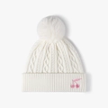 White cable-knit beanie for women with fur pompom and delicate pink cherry embroidery - One Size / White