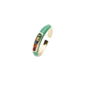 Detail of green enamel gold ring featuring five colorful vertically set square zircons - Adjustable Open / Green