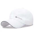 White breathable mesh baseball cap with gray trim and DING HAN brand logo on front - Grommet Type / White