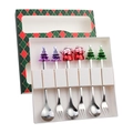 6-piece colorful Christmas spoon and fork set with Santa and tree charms in a gift box - Green Box 6-Piece Set F