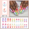 Long ballet press on nails with colorful tropical floral patterns and french tips - Long Coffin Colorful Floral Hand-painted Style (SGCY-150)