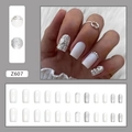 Press-on nail set featuring pearl white and silver glitter square oval style nails - Z607 Glitter Milky White (Glue Type)