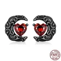 Gothic 925 sterling silver black moon stud earrings with heart red ruby stones - Heart Red Zirconia Stud Earrings (SCE1519)