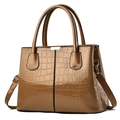 Glossy brown crocodile pattern faux leather handbag with adjustable shoulder strap - Gold