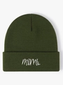 Dark green knitted beanie with white Mimi script embroidery in a minimalist casual style - Army Green